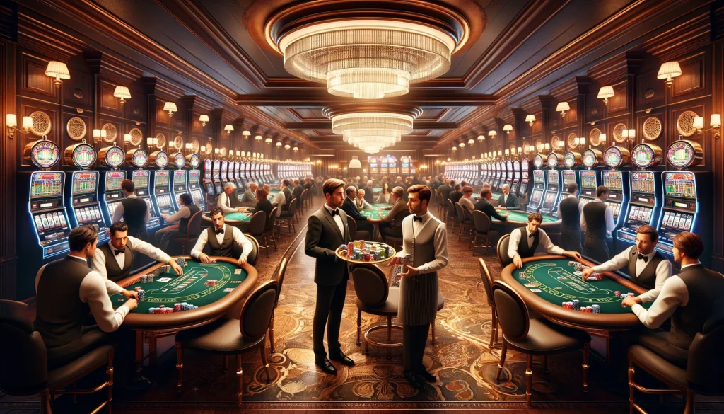 a realistic scene inside a bustling casino. The center of the image features poker tables arranged neatly, with a croupier standing attentively