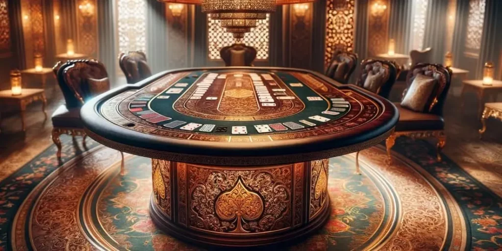 The image shows a luxurious gaming table, probably for baloot card games, in a lavish interior with rich patterns and decorations.