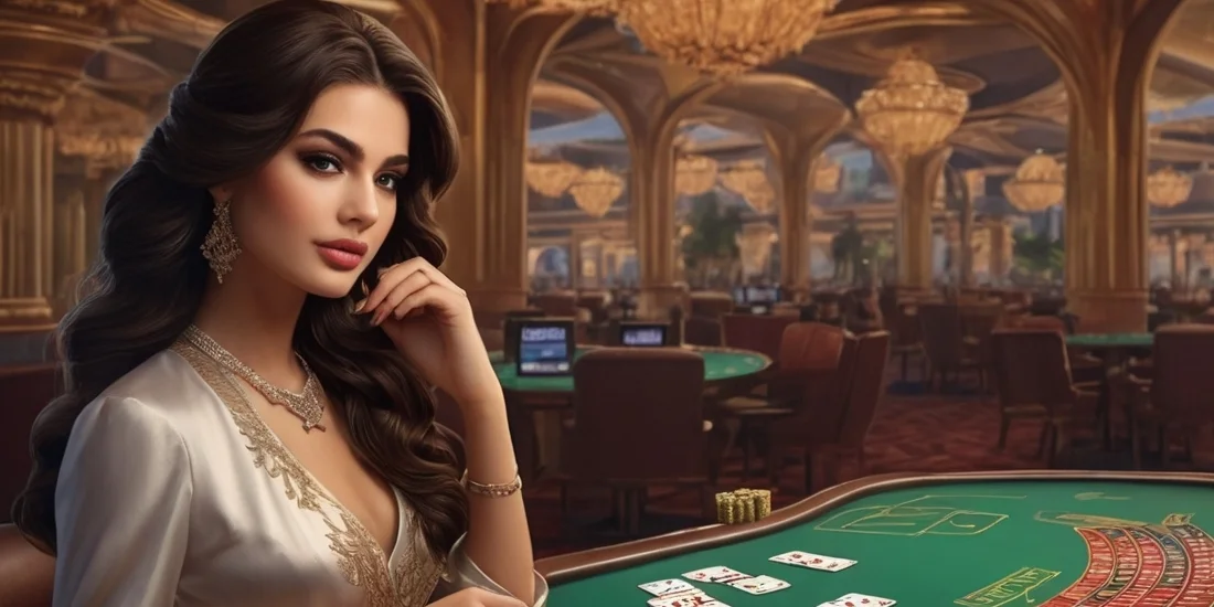The image shows a woman with luxurious dark hair, dressed in an elegant dress. She is in an interior that resembles a casino room, with gaming tables and playing baloot.