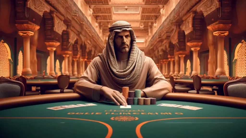 an Arab man sits at a table and plays baloot